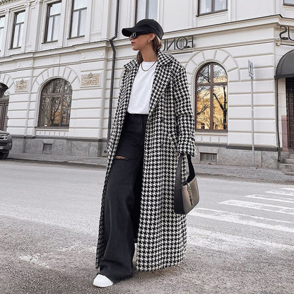 Women’s Oversized Houndstooth Wool-Blend Long Coat – Classic Elegance