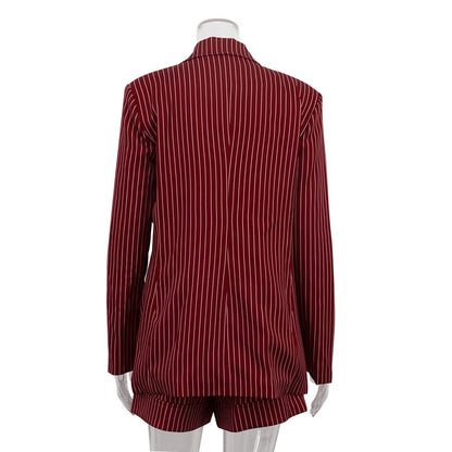 Wine Red Striped Blazer & Shorts Set – Premium Elegance