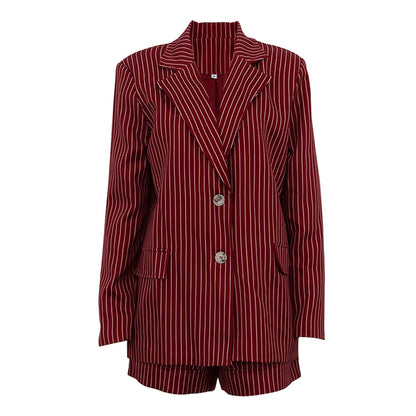 Wine Red Striped Blazer & Shorts Set – Premium Elegance