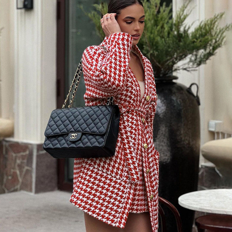 Red Houndstooth Skirt & Blazer Set – Chic Two-Piece