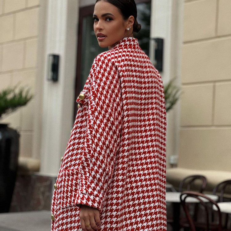 Red Houndstooth Skirt & Blazer Set – Chic Two-Piece