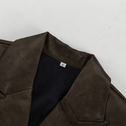 Power Shoulder Vegan Leather Blazer & Button-Front Mini Skirt Set - Olive Brown