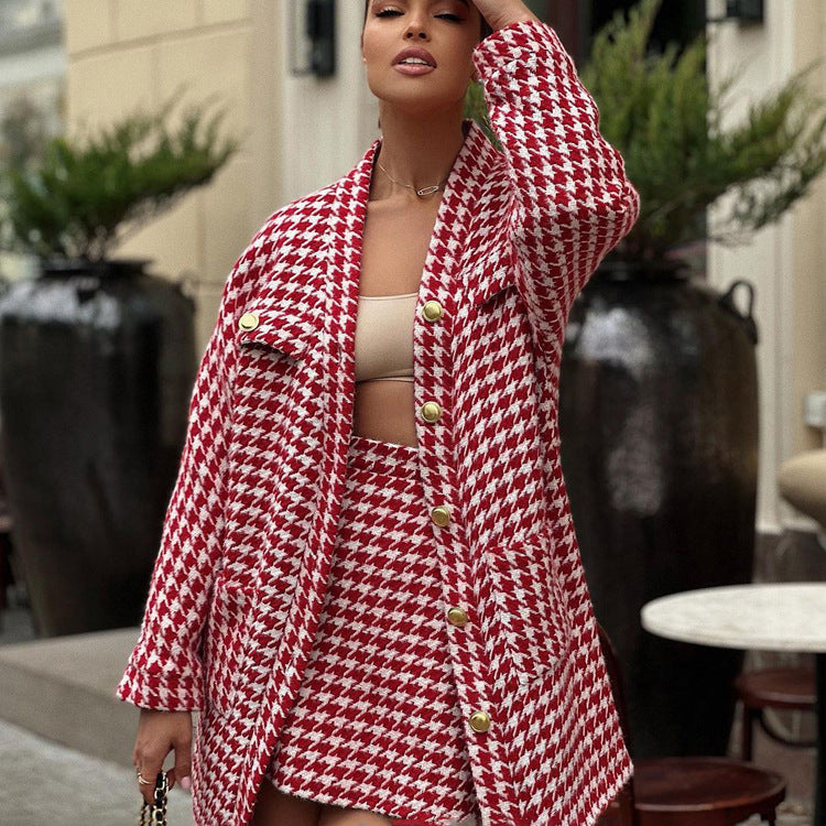 Red Houndstooth Skirt & Blazer Set – Chic Two-Piece