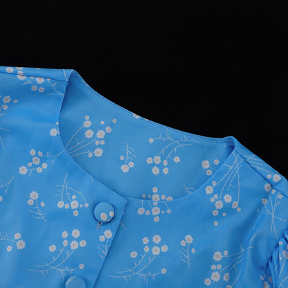 Elegant Floral Long Sleeve Blue Dress