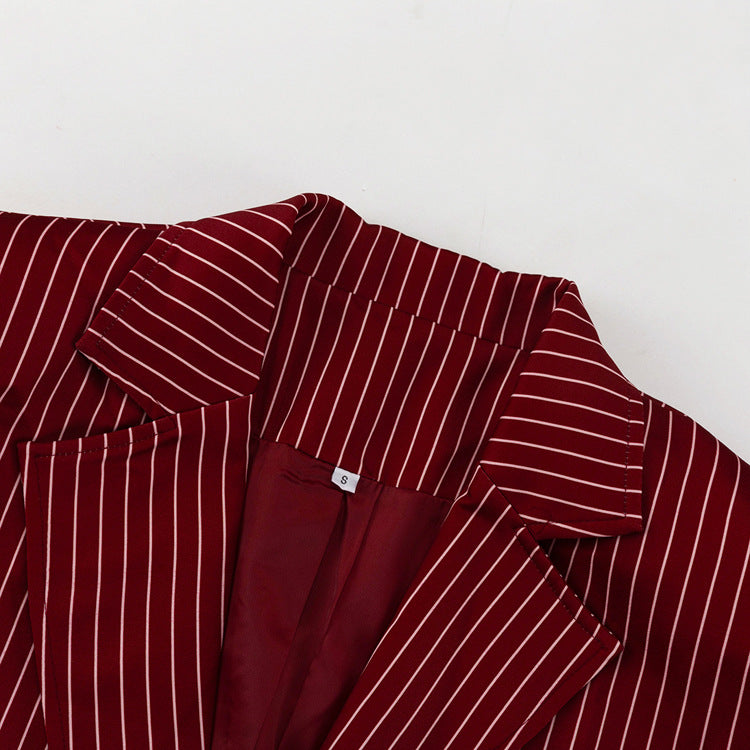 Wine Red Striped Blazer & Shorts Set – Premium Elegance