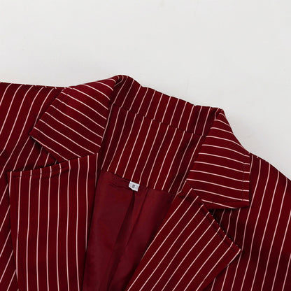 Wine Red Striped Blazer & Shorts Set – Premium Elegance