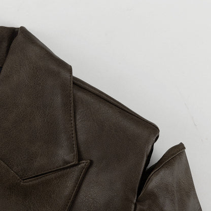 Power Shoulder Vegan Leather Blazer & Button-Front Mini Skirt Set - Olive Brown