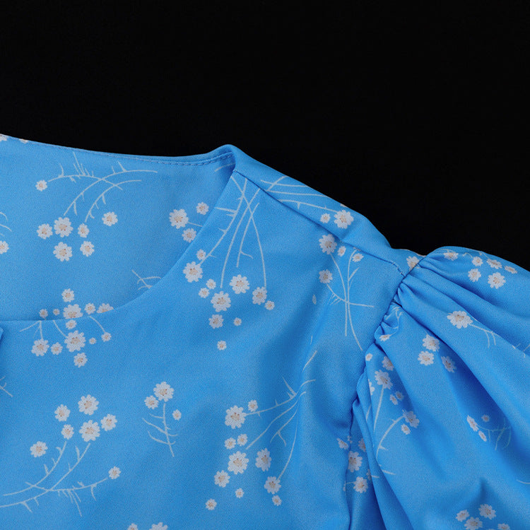 Elegant Floral Long Sleeve Blue Dress