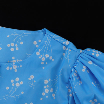 Elegant Floral Long Sleeve Blue Dress