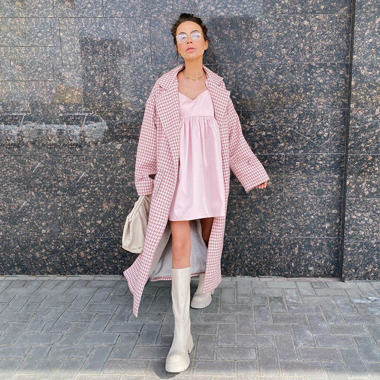 Women’s Oversized Houndstooth Wool-Blend Long Coat – Classic Elegance