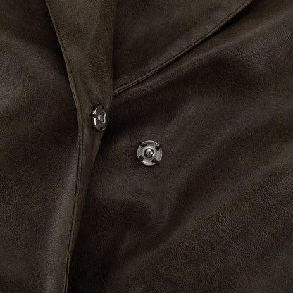 Power Shoulder Vegan Leather Blazer & Button-Front Mini Skirt Set - Olive Brown